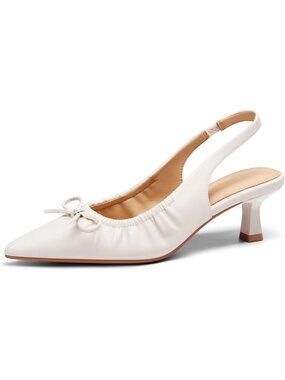 Women's Creamy-White Slingback Low Kitten Heels Bow Pointed Toe Pumps 2.1" Heels